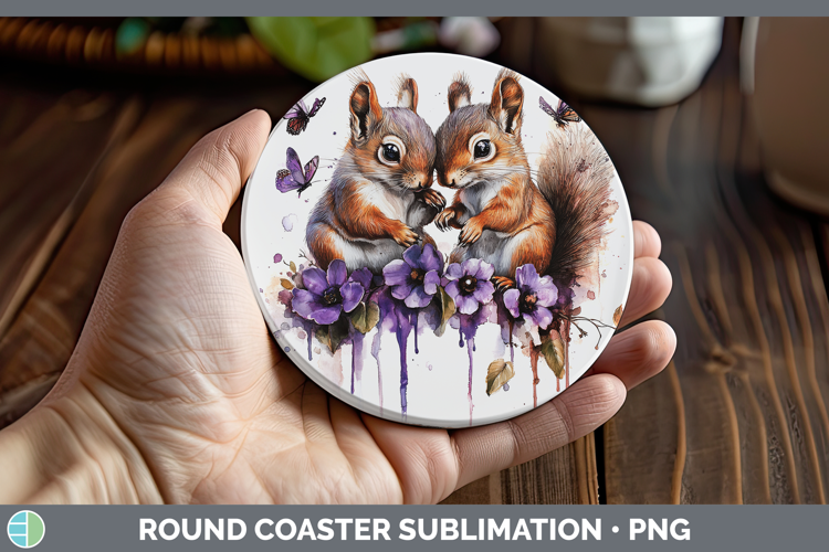 Woodland Purple Drips Squirrel Round Coaster Sublimation Coa