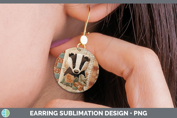 Badger Woodland Quilted Patchwork Round Earrings Sublimation