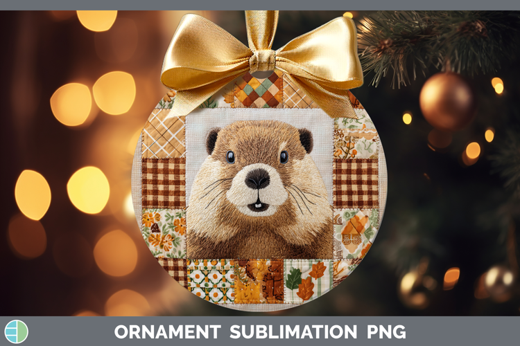Beaver Woodland Quilted Patchwork Ornament Sublimation Desig