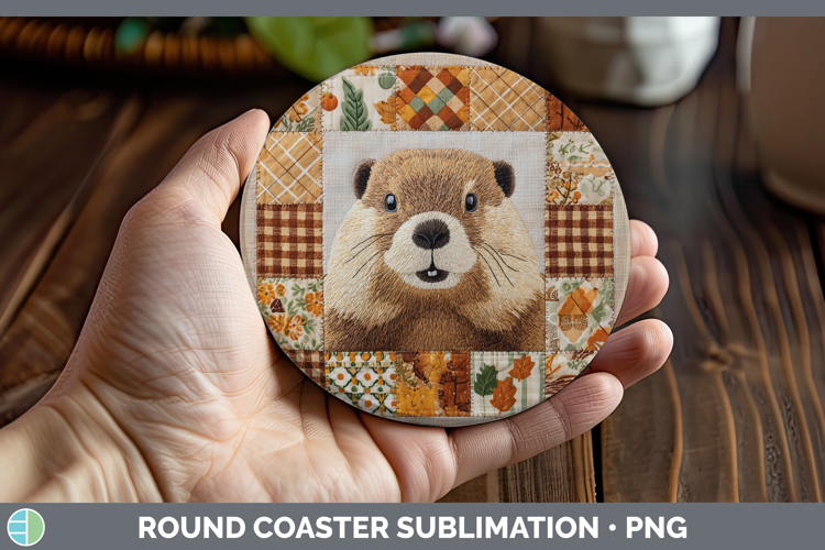Beaver Woodland Quilted Patchwork Round Coaster Sublimation