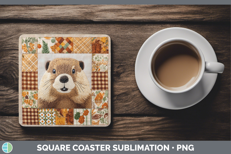 Beaver Woodland Quilted Patchwork Square Coaster Sublimation