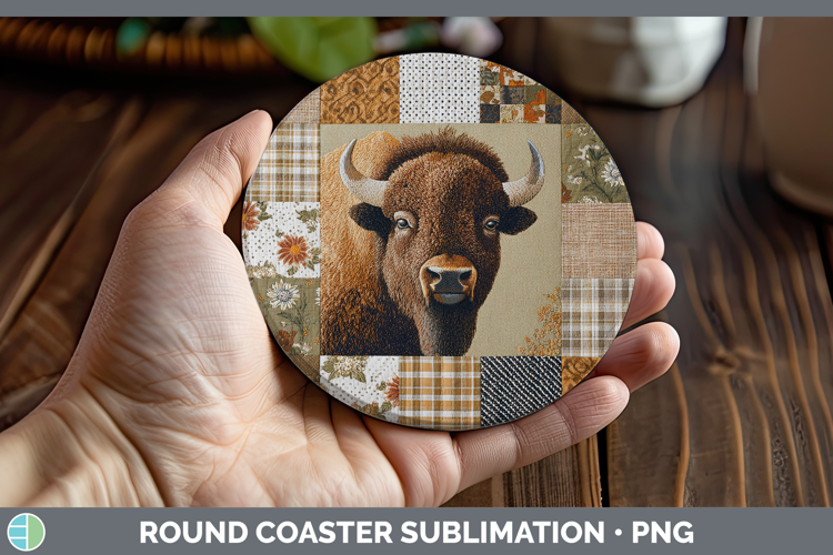Bison Woodland Quilted Patchwork Round Coaster Sublimation D