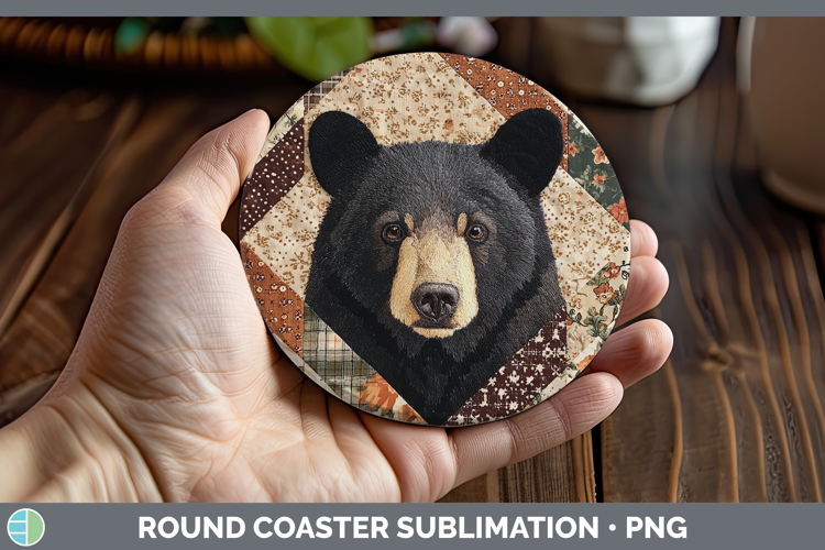 Black Bear Woodland Quilted Patchwork Round Coaster Sublimat