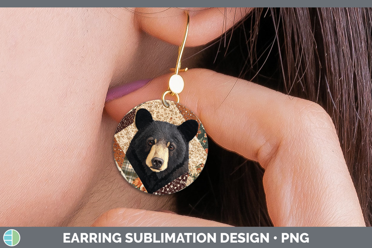 Black Bear Woodland Quilted Patchwork Round Earrings Sublima