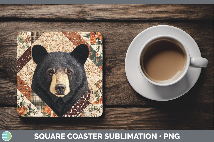 Black Bear Woodland Quilted Patchwork Square Coaster Sublima