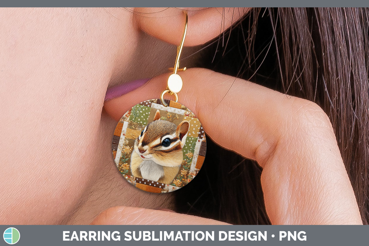 Chipmunk Woodland Quilted Patchwork Round Earrings Sublimati
