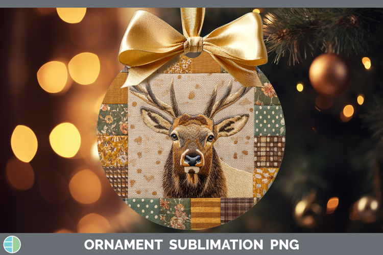 Elk Woodland Quilted Patchwork Ornament Sublimation Design