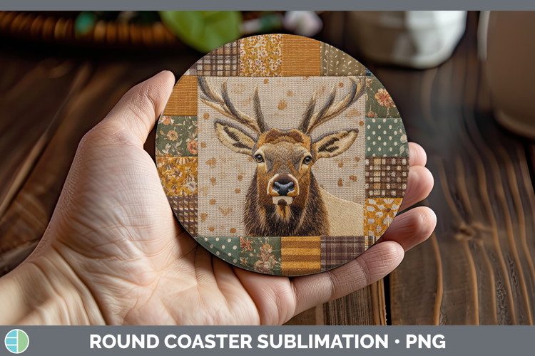 Elk Woodland Quilted Patchwork Round Coaster Sublimation Des