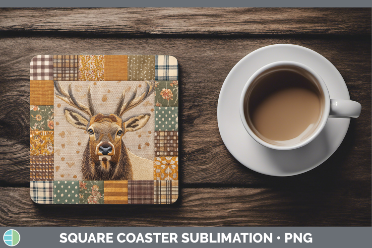 Elk Woodland Quilted Patchwork Square Coaster Sublimation De