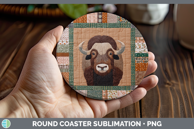 Musk Ox Woodland Quilted Patchwork Round Coaster Sublimation