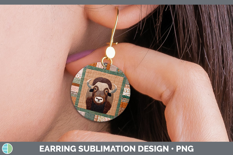 Musk Ox Woodland Quilted Patchwork Round Earrings Sublimatio
