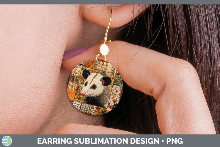 Opossum Woodland Quilted Patchwork Round Earrings Sublimatio