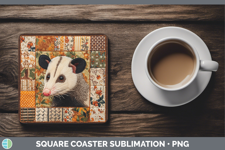 Opossum Woodland Quilted Patchwork Square Coaster Sublimatio
