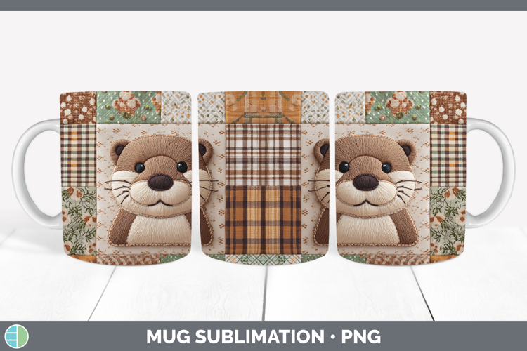 Otter Woodland Quilted Patchwork Mug Wrap Sublimation Design