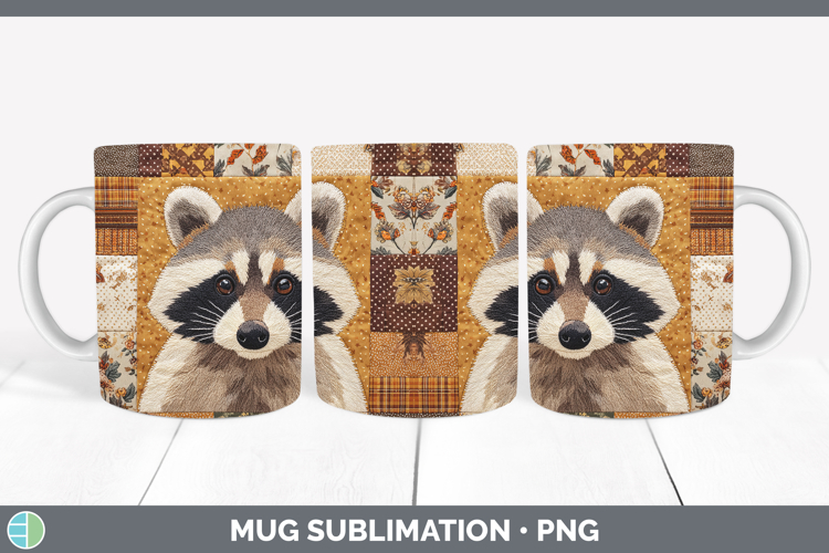 Raccoon Woodland Quilted Patchwork Mug Wrap Sublimation Desi