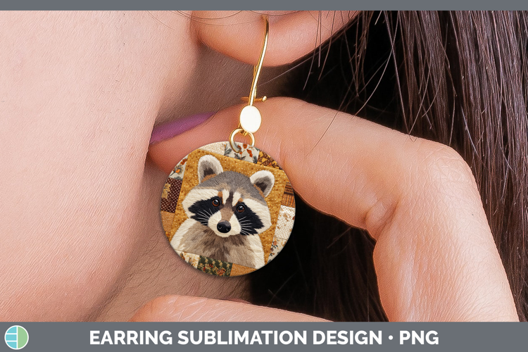 Raccoon Woodland Quilted Patchwork Round Earrings Sublimatio