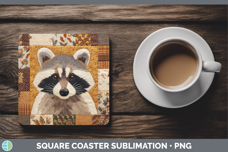 Raccoon Woodland Quilted Patchwork Square Coaster Sublimatio
