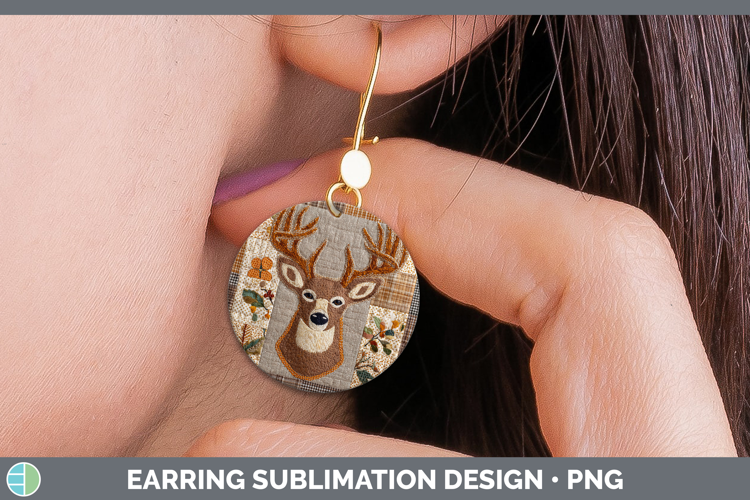 Reindeer Woodland Quilted Patchwork Round Earrings Sublimati