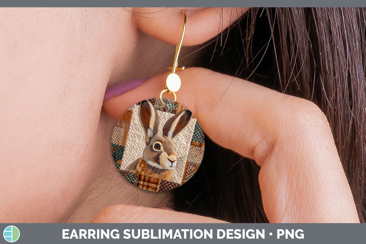 Snowshoe Hare Woodland Quilted Patchwork Round Earrings Subl
