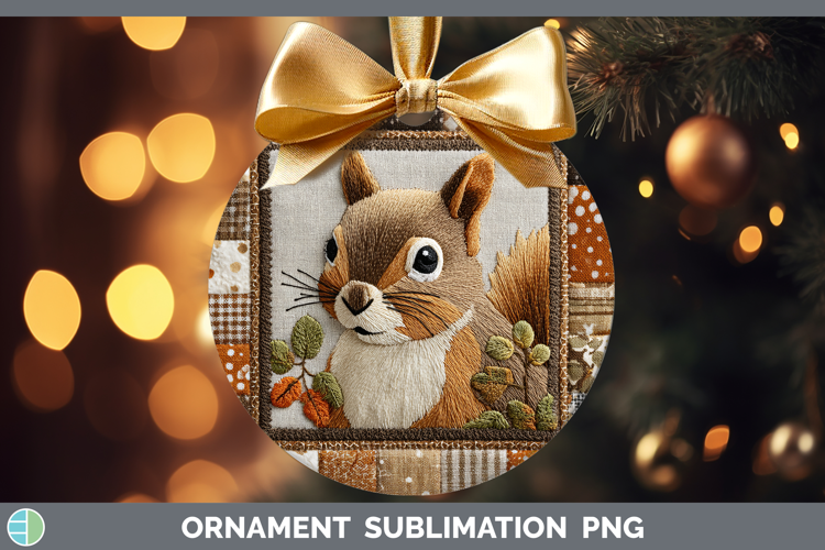 Squirrel Woodland Quilted Patchwork Ornament Sublimation Des