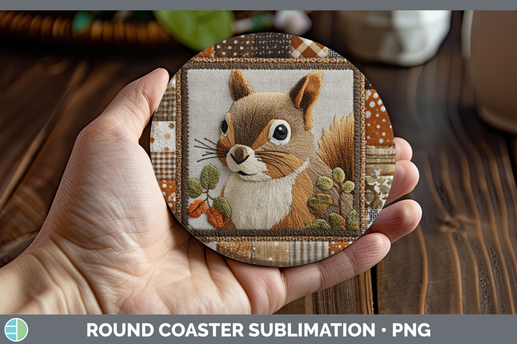 Squirrel Woodland Quilted Patchwork Round Coaster Sublimatio