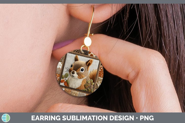 Squirrel Woodland Quilted Patchwork Round Earrings Sublimati
