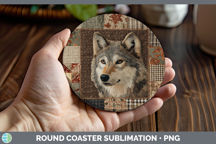 Wolf Woodland Quilted Patchwork Round Coaster Sublimation De