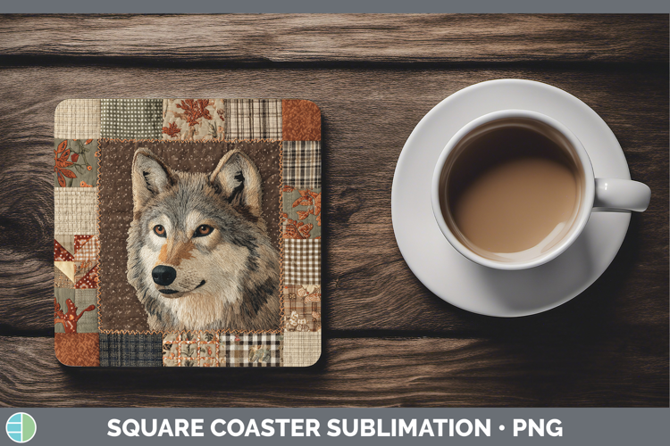 Wolf Woodland Quilted Patchwork Square Coaster Sublimation D