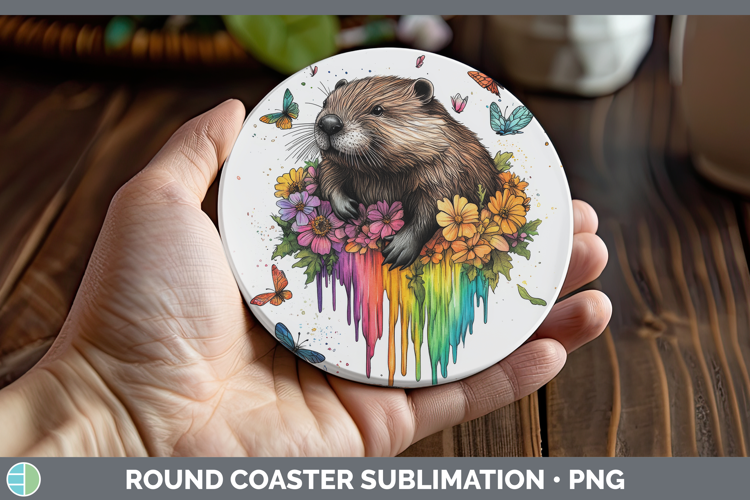 Beaver Round Coaster Woodland Rainbow Splash Sublimation Coa