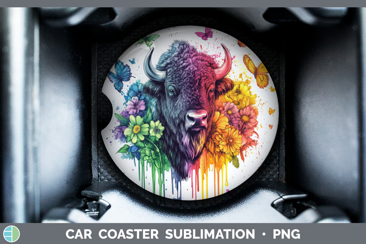 Bison Car Coaster Woodland Rainbow Splash Sublimation Desig