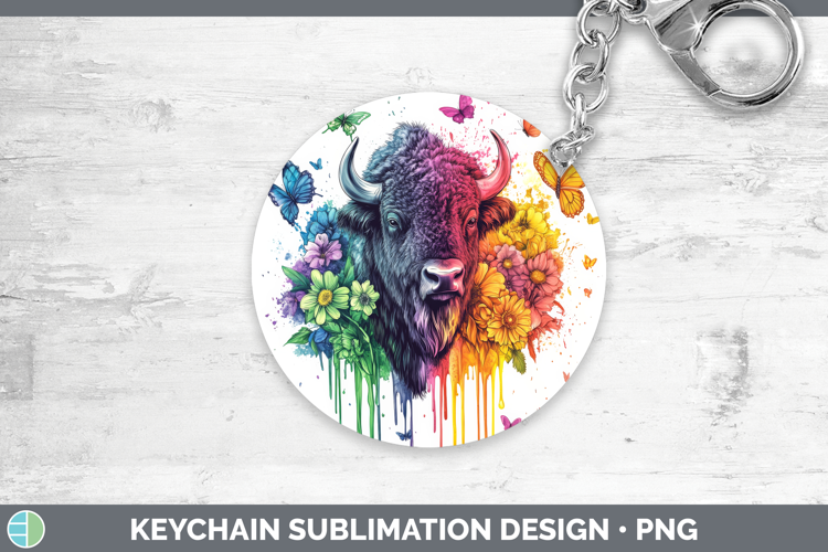 Bison Keychain Woodland Rainbow Splash Sublimation Keyring D