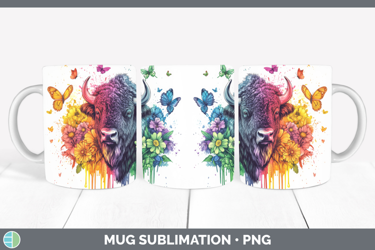 Bison Mug Wrap Woodland Rainbow Splash Sublimation Coffee Cu
