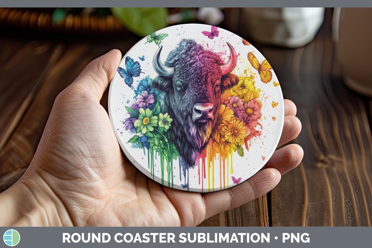 Bison Round Coaster Woodland Rainbow Splash Sublimation Coas