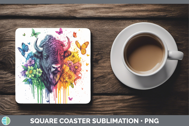 Bison Square Coaster Woodland Rainbow Splash Sublimation Coa