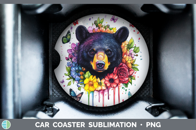 Black Bear Car Coaster Woodland Rainbow Splash Sublimation