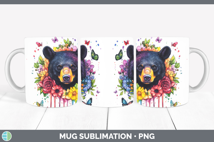 Black Bear Mug Wrap Woodland Rainbow Splash Sublimation Coff