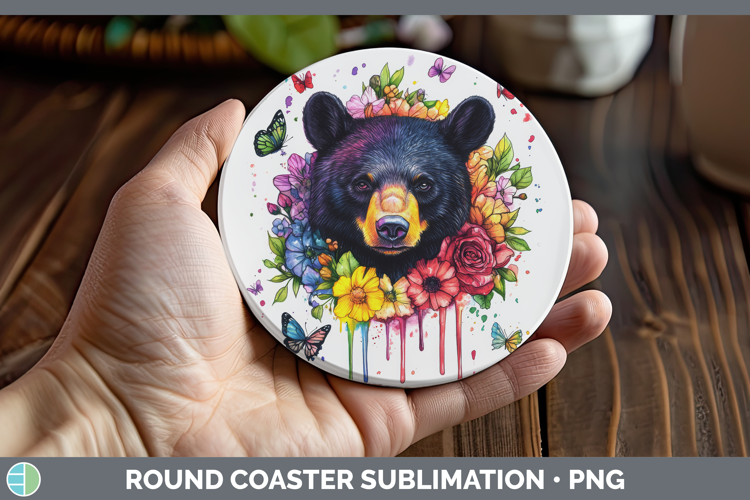 Black Bear Round Coaster Woodland Rainbow Splash Sublimation