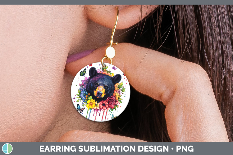 Black Bear Round Earrings Woodland Rainbow Splash Sublimatio