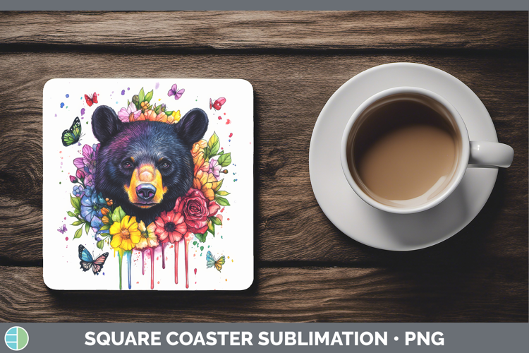 Black Bear Square Coaster Woodland Rainbow Splash Sublimatio
