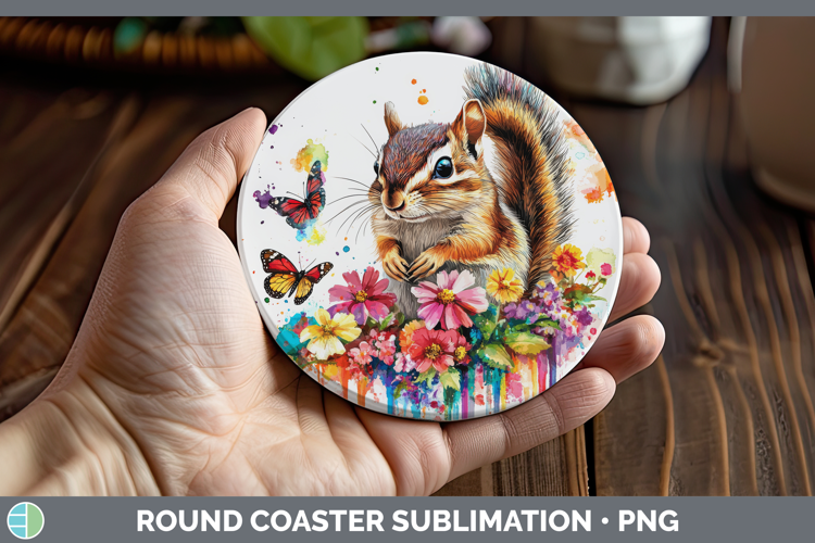 Chipmunk Round Coaster Woodland Rainbow Splash Sublimation C