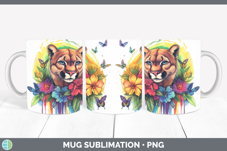 Cougar Mug Wrap Woodland Rainbow Splash Sublimation Coffee C