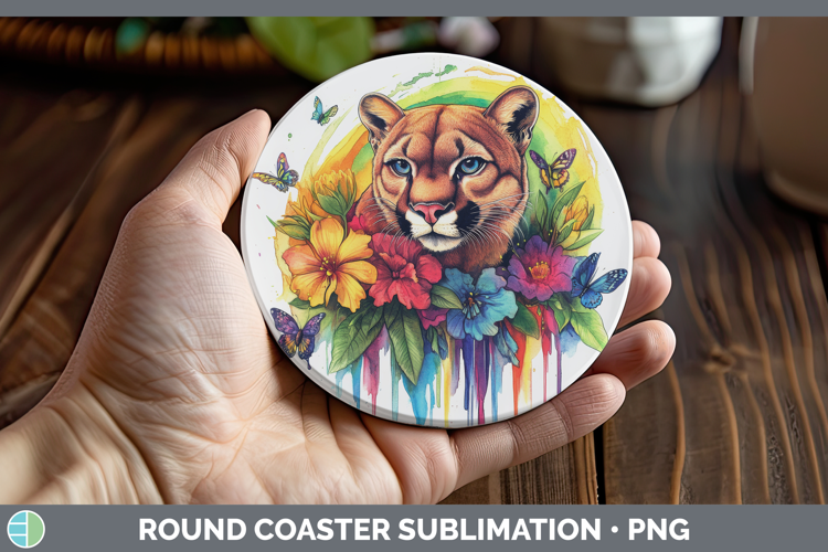 Cougar Round Coaster Woodland Rainbow Splash Sublimation Coa