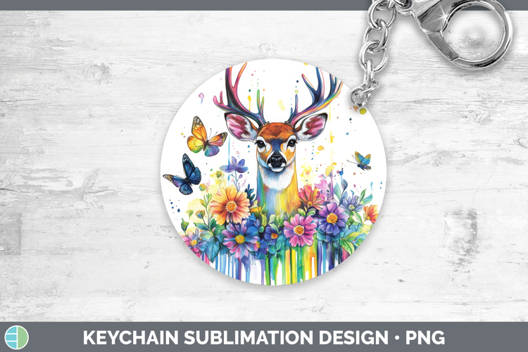 Deer Keychain Woodland Rainbow Splash Sublimation Keyring De