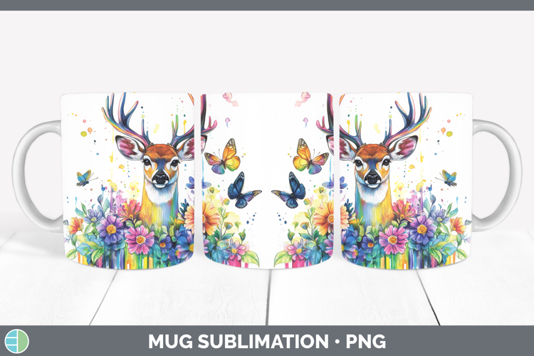 Deer Mug Wrap Woodland Rainbow Splash Sublimation Coffee Cup
