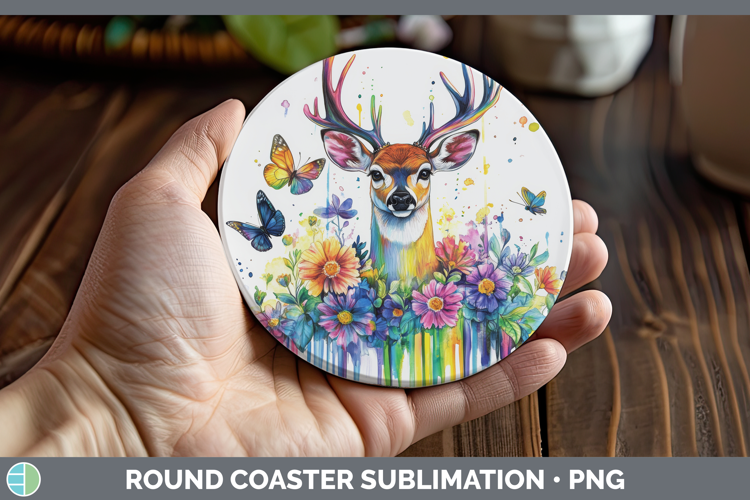 Deer Round Coaster Woodland Rainbow Splash Sublimation Coast