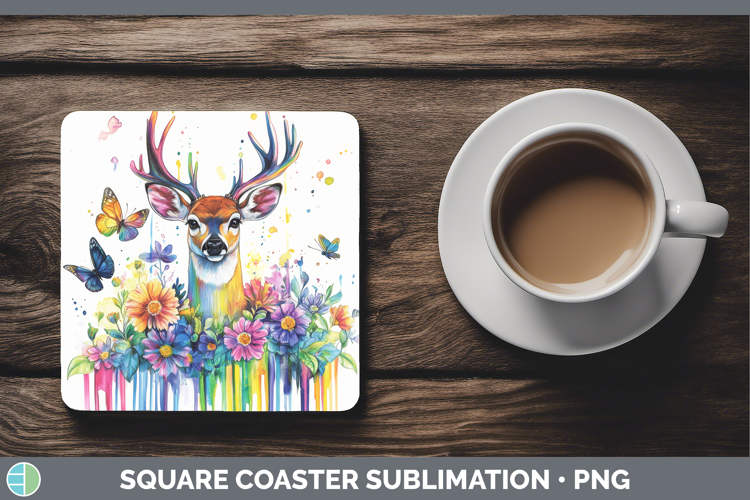 Deer Square Coaster Woodland Rainbow Splash Sublimation Coas