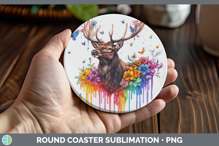 Elk Round Coaster Woodland Rainbow Splash Sublimation Coaste