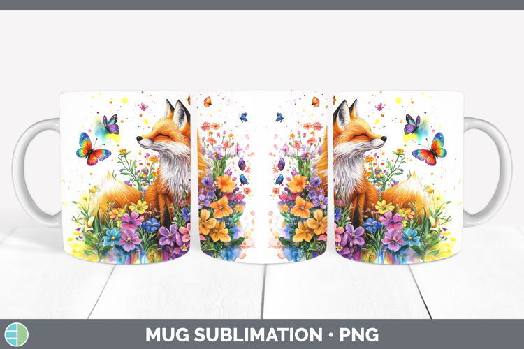 Fox Mug Wrap Woodland Rainbow Splash Sublimation Coffee Cup