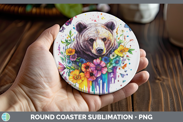 Grizzly Bear Round Coaster Woodland Rainbow Splash Sublimati