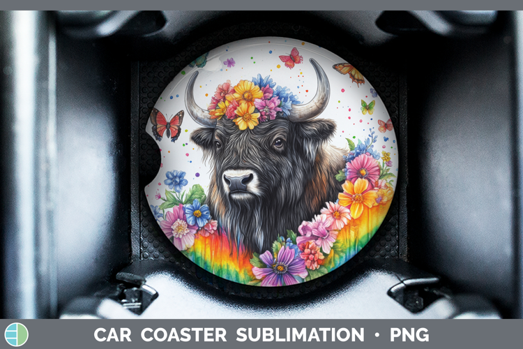 Musk Ox Car Coaster Woodland Rainbow Splash Sublimation Des